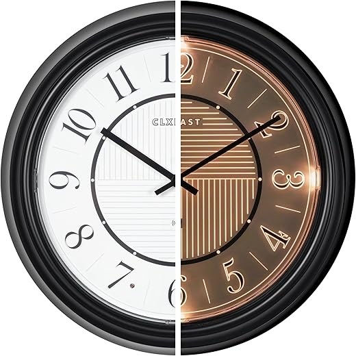 CLXEAST 14 Inch LED Illuminated Indoor Outdoor Atomic Analog Wall Clock Battery Operated, Glow in The Dark Wall Clock for Living Room, Home Office, Bathroom,Kitchen,Oil Rubbed Bronze Black Finish