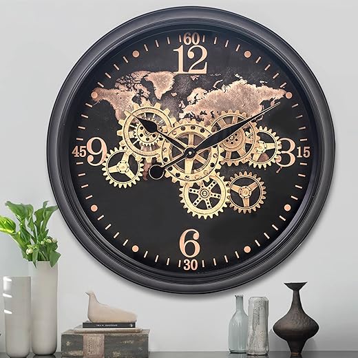 CLXEAST 24 Inch Moving Gear Wall Clock with World Map,Large Black Gold Metal Wall Clock for Modern Farmhouse Living Room Decor, Unique Wall Art Decor Clock,Reloj De Pared para Sala