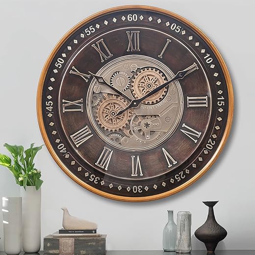 CLXEAST 24 Inch Wall Clock with Moving Gears,Oversized Large Industrial Steampunk Wall Clock, Antique Gold Metal Roman Numeral Wall Clocks for Farmhouse Living Room Decor