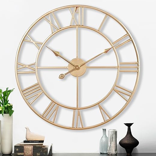 CLXEAST Champagne Gold Wall Clock, Large 24 Inch Wall Clocks for Living Room Decor, Metal Roman Numeral Wall Clock,Decorative Wall Clock,Non Ticking Silent Wall Clock for Bedroom/Kitchen/Office