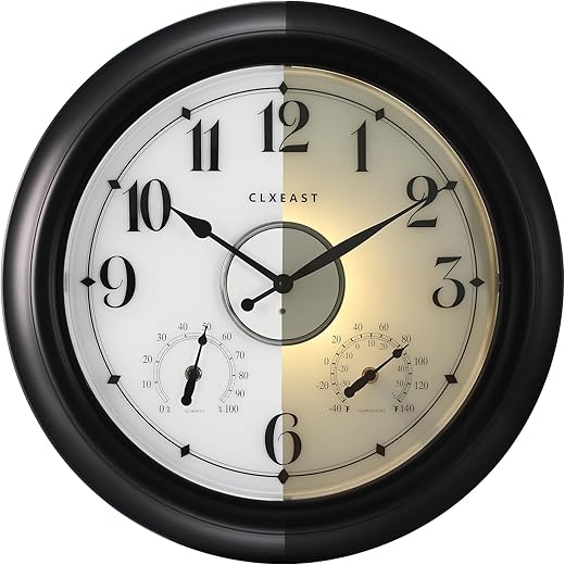 CLXEAST Illuminated Indoor Outdoor Clocks Waterproof 18 inch with Smart Sensor,Large Wall Clock with Thermometer & Hygrometer for Garden Patio Pool,Oil Rubbed Bronze Black,Unique Housewarming Gifts