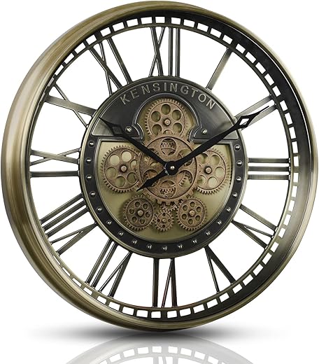 CLXEAST Large Moving Gears Wall Clock for Modern Farmhouse Living Room Decor, Brass Gold Roman Numerals Wall Clock,Silent Wall Clocks Battery Operated,Reloj De Pared para Sala (21 Inch)