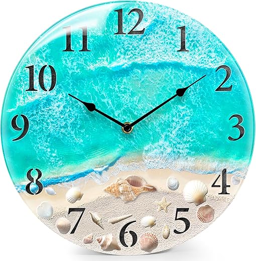 Coastal Nautical Glass Wall Clock with Seashell Design and Aesthetic Beach Theme - Battery Operated Silent Wall Decor for Home, Kitchen, Living Room, Office, Bedroom, or Bathroom (12 Inch,Teal)