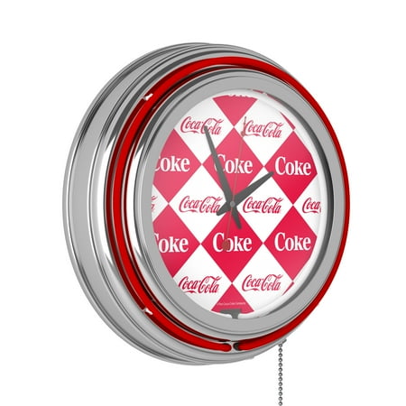 Coca-Cola Checker Retro Neon Analog Wall Clock with Pull Chain