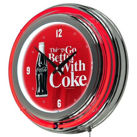 Coke Chrome Double Rung Neon Clock - Coca-Cola Things Go Better with Coke Bottle Art