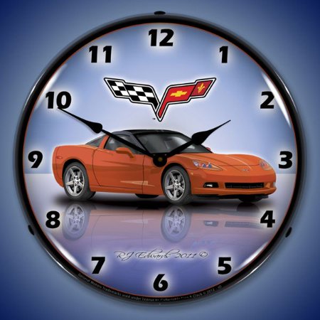 Collectable Sign and Clock C6 Corvette Inferno Orange LED Lighted Premium Wall Clock