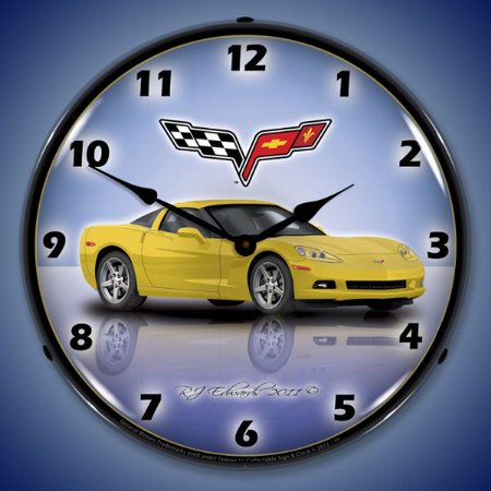 Collectable Sign and Clock C6 Corvette Velocity Yellow LED Lighted Premium Wall Clock