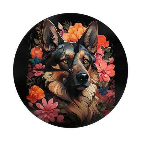 Colorful Flower German Shepherd Wall Clock Silent Non Ticking - 10 Inch Battery Operated Modern Clocks for Living Room Bedroom Kitchen Bathroom Office Classroom, Decorative Clocks