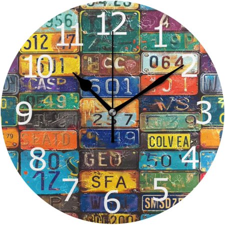 Colorful License Plates Round Wall Clock Silent Non Ticking, Decorative Wall Clock For Kitchen Office Bedroom,Battery Operated