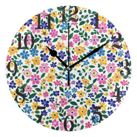 Colorful Tiny Flowers and Leaves Wall Clock 9.8 inch Battery Operated Clocks Non-Ticking Silent for Bedroom Office Kitchen Living Room