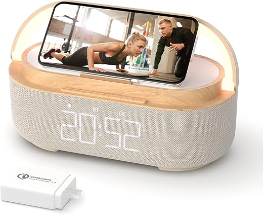 COLSUR Bluetooth Speaker Alarm Clock with Wireless Charger, LED Night Light, 2500mAh Battery - For Bedroom, Home