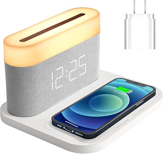 COLSUR Digital Alarm Clock with Wireless Charging 15W Max Touch Bedside Lamp with 5-100% Adjustable Brightness,12/26Hr,Snooze,QI Wireless Charger,Bedroom,Livingroom