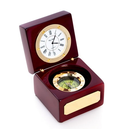 Compass and Clock in Lacquered Rosewood Hinged Box with Brass Accents.