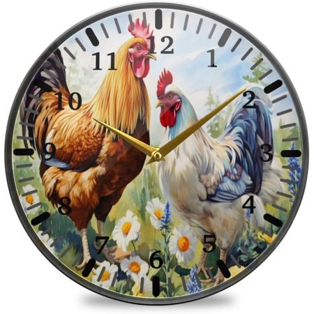 Coolnut Country Rooster Wall Clock Silent Non-Ticking Round 10 Inch Quartz Battery Operated Wall Clock for Kitchen,Bedroom,School,Living Room Home Decor