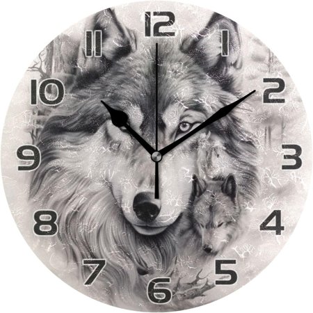 Coolnut Wolf Wildlife Wall Clock Round Vintage Silent Non Ticking Battery Operated Accurate Arabic Numerals Design for Home Kitchen Living Room Bedroom 10 Inch Home Decor