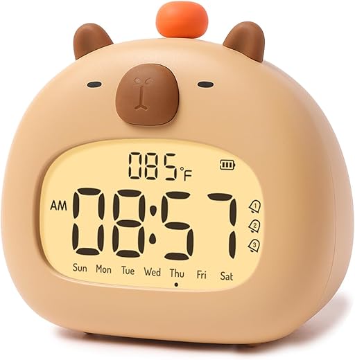 Cordless Alarm Clocks for Bedrooms, Simple Digital Clock with Loud Beeps, Cute Capybara Night Light Dimmable, Kids Wake Up Sleep Trainer, Boys and Girls Children Birthday Gift Desk Decor