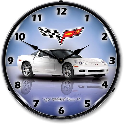 Corvette C6 Artic White LED Wall Clock, Retro/Vintage, Lighted, 14 inch