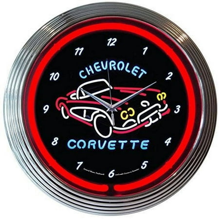 Corvette GM C1 Genuine Electric Neon 15 Inch Wall Clock Glass Face Chrome Finish USA Warranty