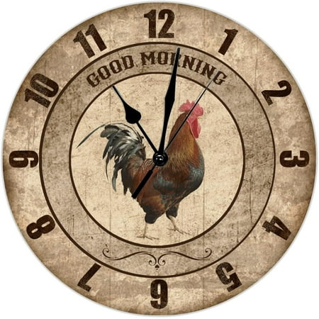 Country Rooster Chicken Wooden Wall Clock Kitchen Wall Clock Good Morning Rooster 12 Inch Wooden Wall Clocks Battery Operated Silent Farmhouse Wall Decor For Living Room Bedroom Office