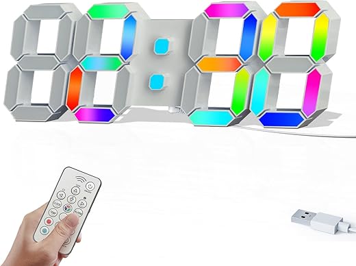 COVERY RGB LED Digital Clock - Rainbow 3D Neon Clocks, Changing Colorful Modern Wall/Desk Clocks, Custom Color, Alarm, Snooze, Night Light, Temperature, Remote Control - 9.7 Inch - White Frame