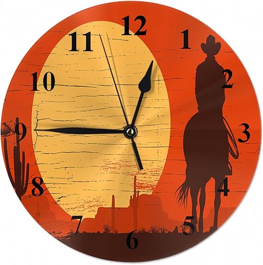 Cowboy Riding Horses Wall Clock Silhouette of Cowboy Riding Horses with Black Hat at Sunset Farmhouse Unique Large Clock Wall Battery Operated Silent Non-Ticking Decoration