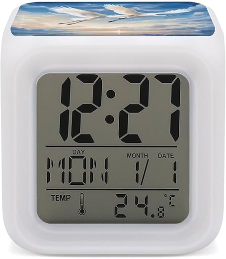 Cranes Birds Flying Sky Color Changing Alarm Clocks LED Digital Clock Home Office Bedside Clock