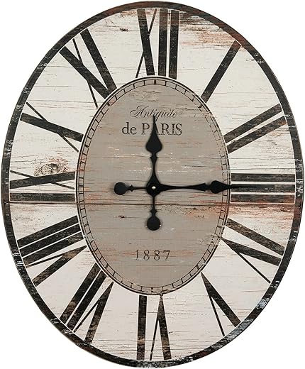 Creative Co-Op Decorative Oval Wood Wall Clock with Distressed Finish, White and Grey