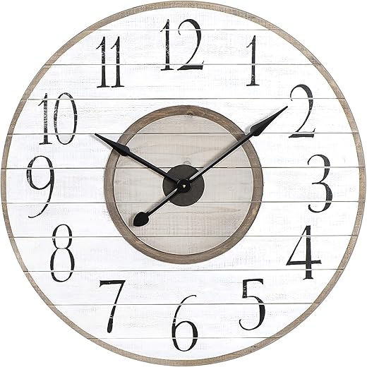 Creative Co-Op Round Wood Slat Wall Clock with Distressed Finish, White and Brown