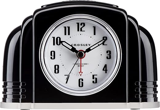 Crosley Vintage Art Deco Analog Alarm Clock, Quiet Sweep Non-Ticking, Automatic Dimmable Smart Light, Simple Controls, (Ivory) (Black)