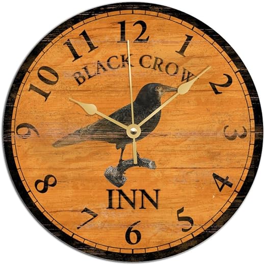 Crow Wood Clock Black Crow Inn Wall Clock Orange Wooden Wall Clock Quality Quartz Battery Clock Silent Vintage Farmhouse Rustic Decor for Living Room Bedroom Office Classroom 12Inch Birthday Gift