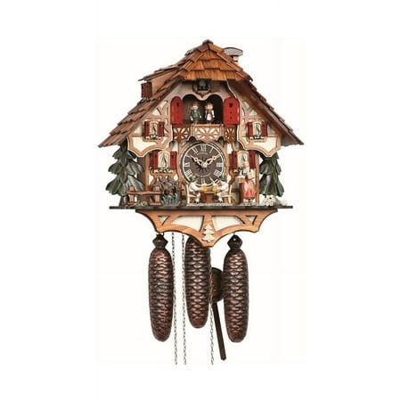 Cuckoo Clock Black Forest house with moving beer drinkers and mill wheel