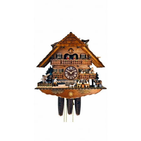 Cuckoo Clock Black Forest house with moving beer drinkers and mill wheel