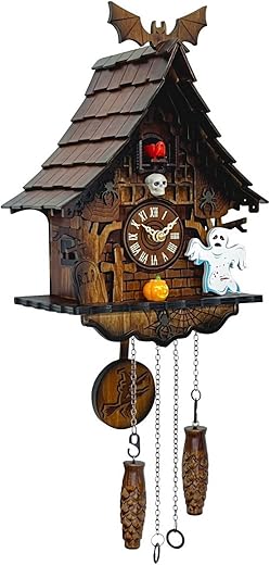 Cuckoo Clock for Wall Art: Halloween Decorations, Volume Control, Night Mode, Germany Style Black Forest Retro Traditional Handmade Wooden House Home Decor, Gifts for Family (8.75 X 24.25inch)