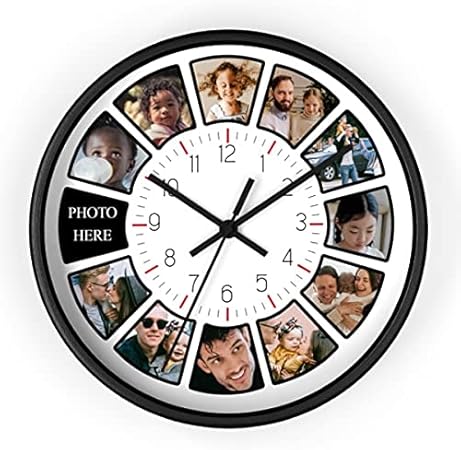 Custom 12 Photos Collage Wall Clock Personalized Photo Family Wall Clock Living Room Wall Clocks Customized Battery Operated Wooden Frame Silent Round 10 inch Wall Clock Gift for Home, Kitchen