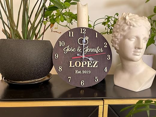 Custom Wedding Couple Clock, Family name Wall Clock, Personalized Wooden Engraved Clock, Custom Gift for Anniversary, Wedding, Engagement, Couple Name Sign Wooden Home Decor (Small)