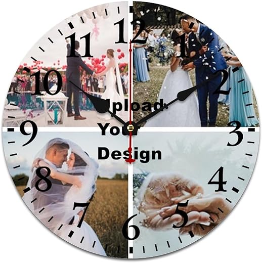 Custom Wooden Wall Clock 10 Inches, Silent Non-Ticking Personalized Pictures Memorial Hanging Clock for Wedding Anniversary Pet Family Housewarming Gift Wood Round Clock Home Decor 4 Photos Collage