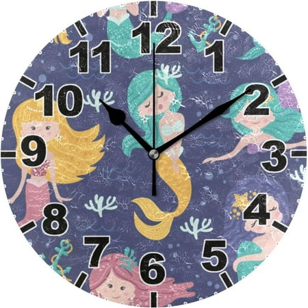 Cute Mermaids Round Wall Clock, Battery Operated Silent Non Ticking Desk Clock for Home Bedroom Kitchen Office School Wall Clock 9.9 Inch Home Decor