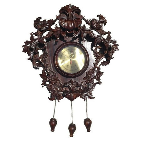 D-Art Collection Mahogany Solid Wood and Veneer Carved Rose Clock in Dark Brown