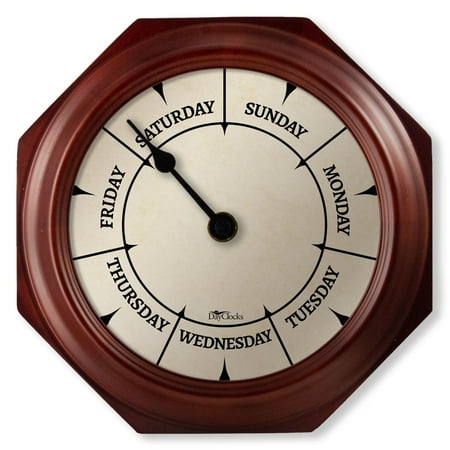 DayClocks Classic Day-of-the-Week Wall Clock with 10 Mahogany Wood Frame