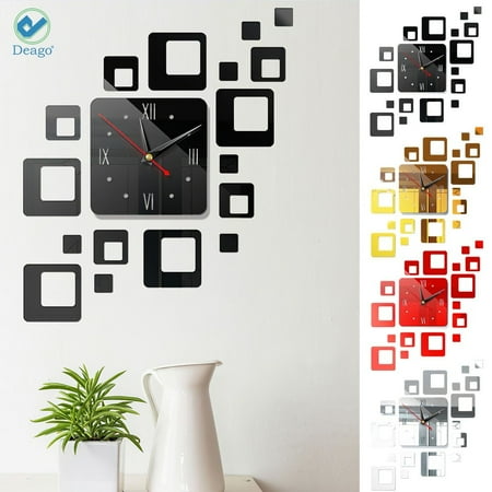 Deago Modern DIY 3D Large Wall Clock Mirror Surface Sticker Art Design Home Decor Room (Black)