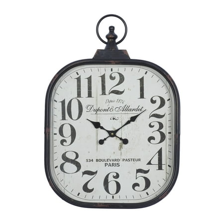 DecMode 18 x 26 Black Metal Distressed Pocket Watch Style Wall Clock with Ring Finial