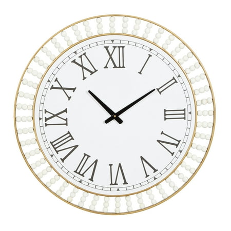 DecMode 24 White Wood Beaded Wall Clock with Gold Metal Frame and Black Accents