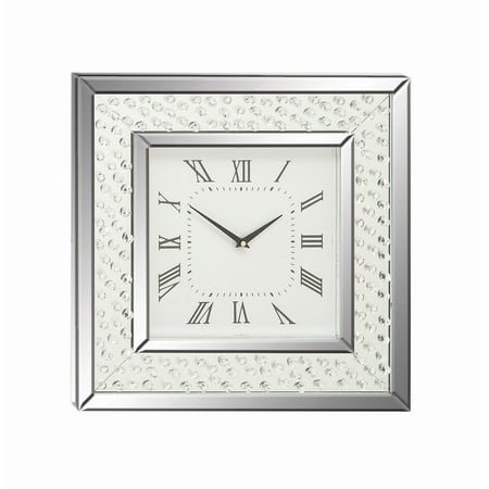 DecMode 2 Silver Wooden Mirrored Wall Clock with Floating Crystals