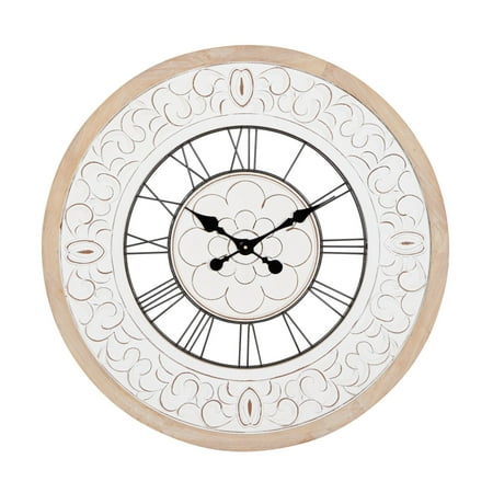 DecMode 32 White Wooden Floral Carved Wall Clock with Black Metal Accents