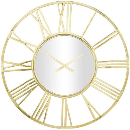 DecMode 50 Gold Aluminum Metal Geometric Open Frame Wall Clock with Mirrored Glass Center