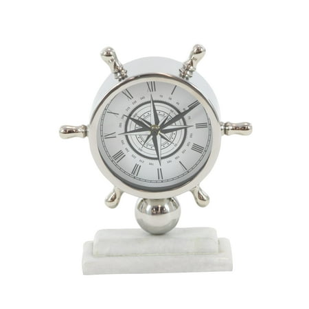 DecMode 8 Silver Stainless Steel Metal Ship Wheel Clock with Marble Base