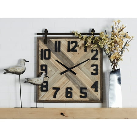 DecMode Industrial Wood Sculpted Wall Clock with Weave Pattern and Brown Finish, 24W x 27H