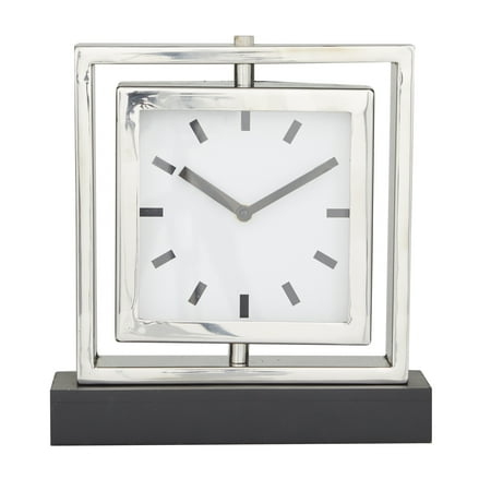 DecMode Stainless Steel Glam Square Table Clock 9W x 10H, with Silver Framed Structure, White Clock Face and Black Base