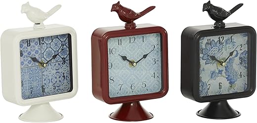 Deco 79 Metal Bird Decorative Clock Mantel Clock, set of 3 Tabletop Clock 6" x 3" x 9", Multi Colored