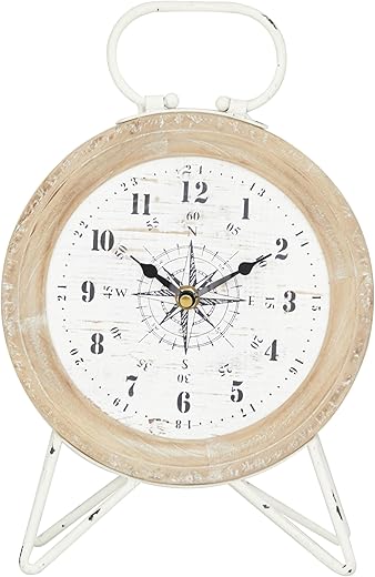 Deco 79 Metal Compass Decorative Clock Mantel Clock, Tabletop Clock 8 x 4 x 13, Brown